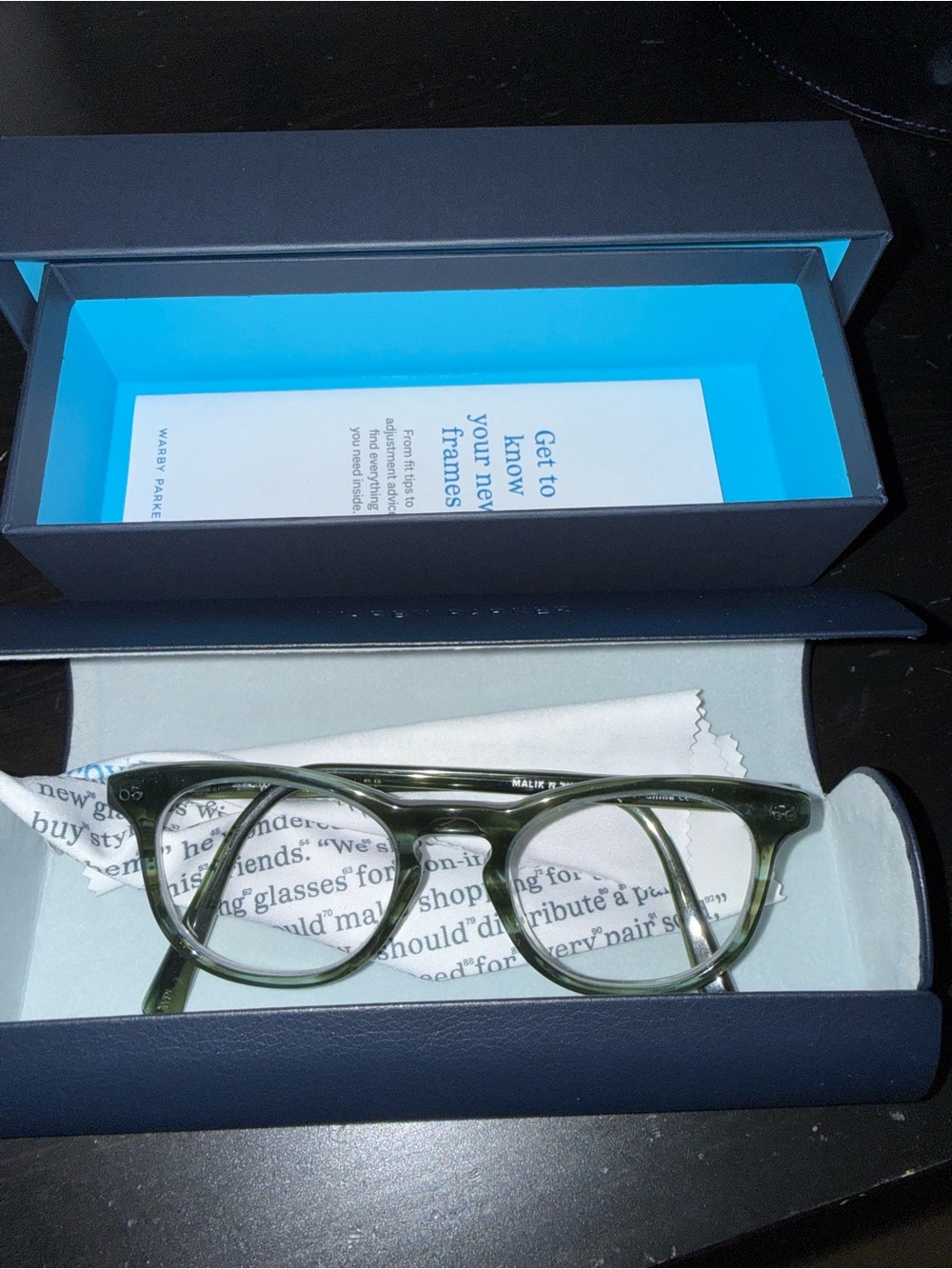 Warby Parker Malik glasses. Narrow. Striped Cypress (Green).